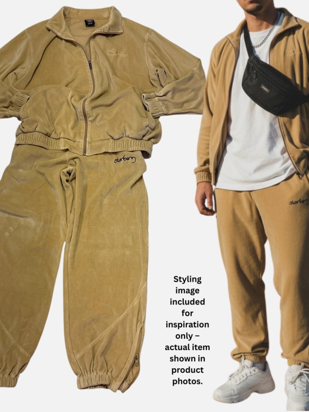 Y2K 2000s Starbury Velour
Track Jacket & Pants Lg Beige Tan Hip Hop Zip